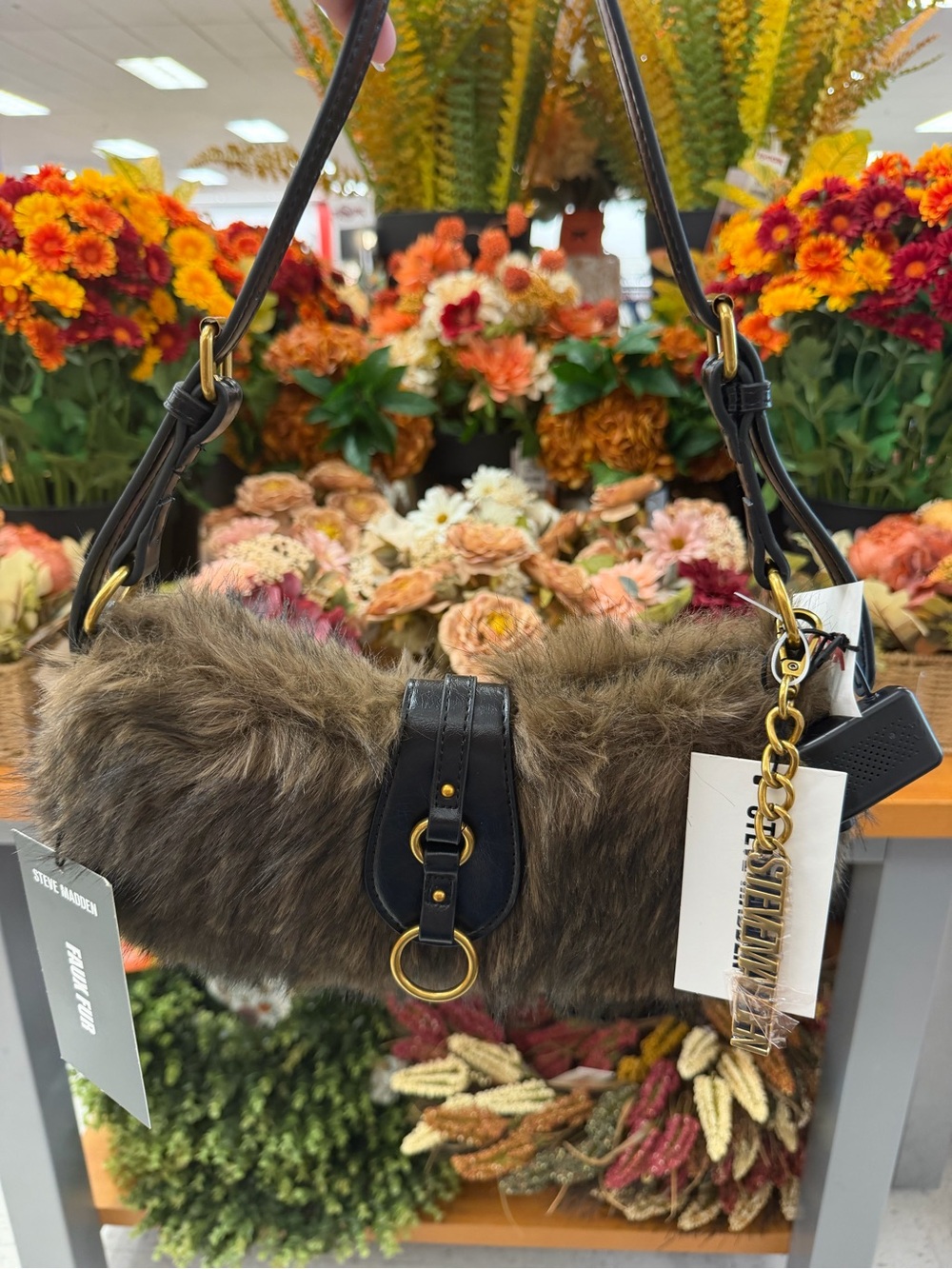 Steve Madden Brown Faux Fur Crossbody with Black Leather Trim